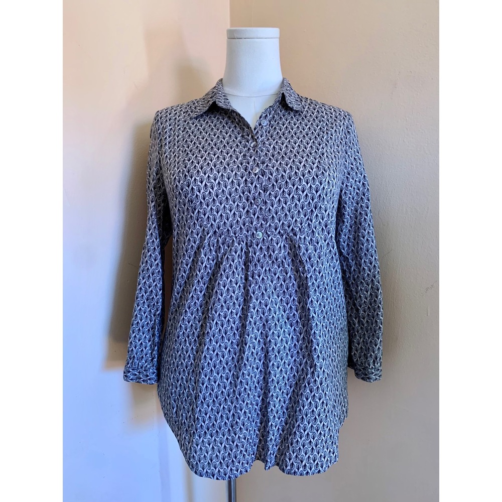 Y2K Grey Black Leaf Print Cotton Button Up Tunic Top